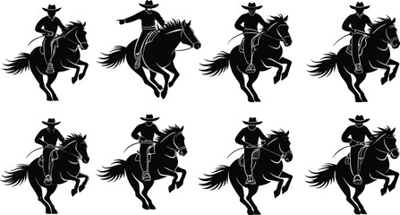 Naklejka premium Dynamic cowboy silhouettes galloping and rearing on horses western riding action set