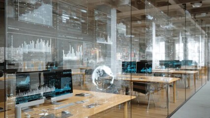 Digital Data Center: A modern data center, with monitors displaying intricate graphs, charts and a holographic globe. - Powered by Adobe