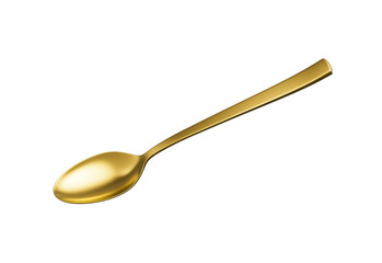 A shiny golden spoon with a reflective surface, slender handle and oval bowl. 3D Illustration.