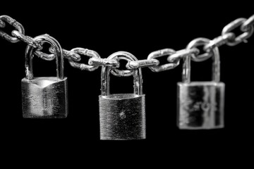 Close-up of three padlocks on a chain against a black background