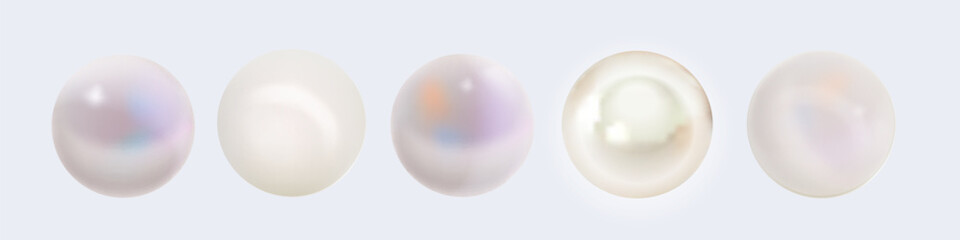 Vector image of five realistic pearls in soft white, pink, cream, and blue tones on a white background, perfect for elegant, cosmetic