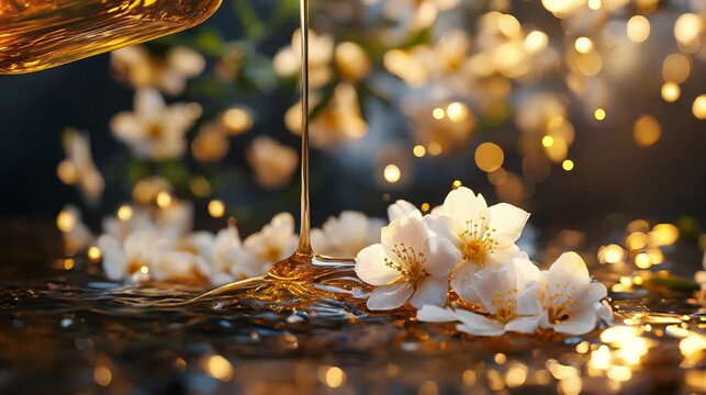Golden cold-pressed sacha inchi oil flowing gracefully from amber glass, streaming over delicate white blossoms, macro close-up highlighting natural beauty, purity, and organic essence.