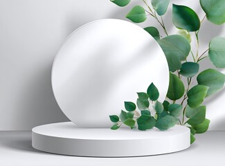 White pedestal with green leaves, minimalist backdrop