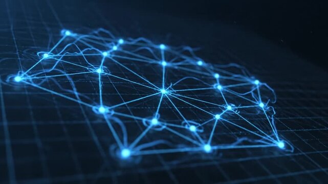 Futuristic digital technology background with a glowing abstract network of interconnected nodes symbolizing data, AI, and global communication