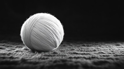 A single, white ball of yarn sits on a dark textured surface