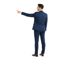 Businessman in Blue Suit Pointing Forward isolated on a transparent background