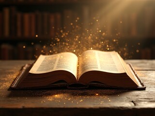 Obraz premium Ancient Leather-bound Bible with Magical Sparkles in Vintage Library Atmosphere
