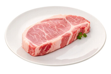 Raw ribeye steak with marbled fat and lean red meat on white plate, isolated on a transparent background