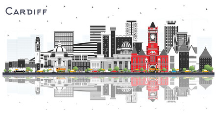 Cardiff Wales City Skyline with Color Buildings and reflections Isolated on White. Cardiff UK Cityscape with Landmarks. Business Travel and Tourism Concept with Historic Architecture.