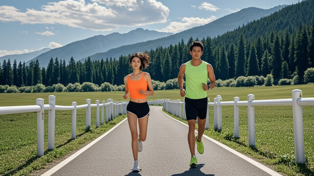 Couple Running Fitness Exercise Healthy Life Country Road Background