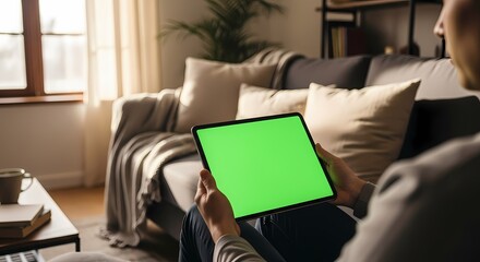 A man relaxes on a comfortable couch, holding a tablet with a vibrant green screen, suggesting digital engagement in a cozy home setting.