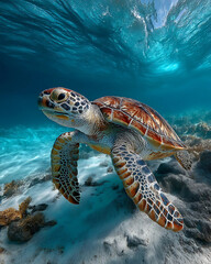 Obraz premium A vibrant underwater scene featuring a sea turtle swimming gracefully beneath the surface, surrounded by clear blue water and coral.