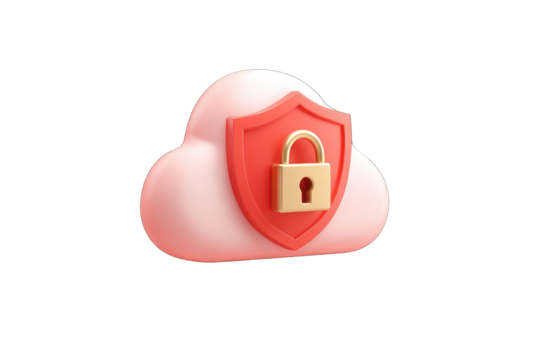 3D cloud icon, pink, red shield, gold padlock. Secure cloud storage
