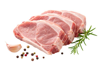 Fototapeta premium Raw pork chops with herbs and spices arranged on white background, isolated on a transparent background