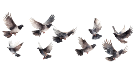 A group of doves flying in the sky isolated on a transparent background