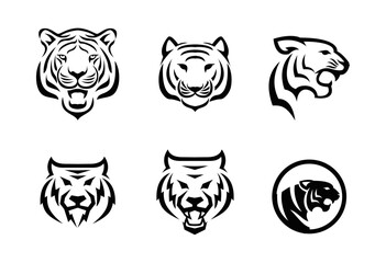 Collection of Six Tiger Head Logos and Mascots in Black and White Graphic Style