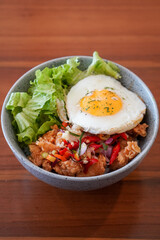 Rice Bowl Egg Sambal Matah, captured on August 29, 2025. Steaming rice with sunny side up egg and fresh sambal matah, vibrant Indonesian comfort food in a modern lifestyle setting