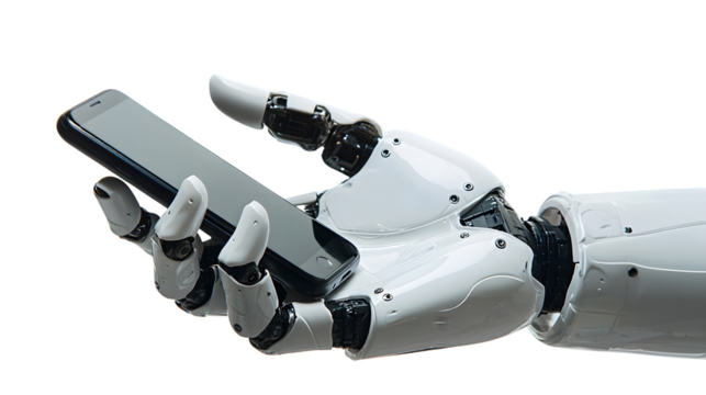A robot hand holding smartphone. isolated on a transparent background