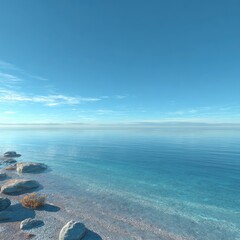 Tranquil coastal scene. Azure water meets light-gray rocks