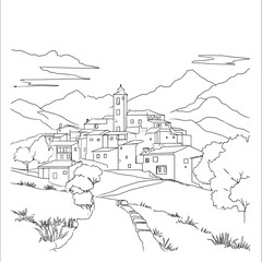 A quaint mountain village showcases traditional architecture, featuring white houses with terracotta roofs. The homes are arranged on a hillside, surrounded by mountains and a clear sunlit sky.