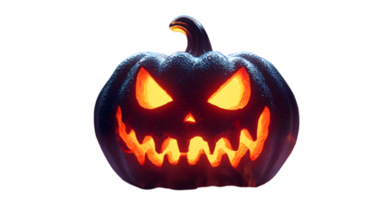 A single lit spooky halloween pumpkins, Jack O Lantern with evil face and eyes isolated on a transparent background