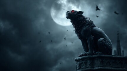 Fototapeta premium Halloween gargoyle statue glowing red eyes perched on cathedral tower surrounded by bats foggy eerie full moon background