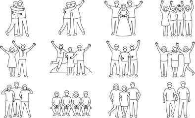 Collection of hand-drawn line art silhouettes representing diverse groups of people celebrating together