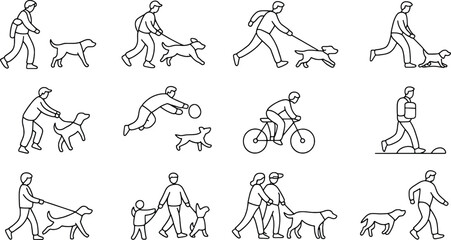 Fototapeta premium People walking dogs in various outdoor scenes casual activities