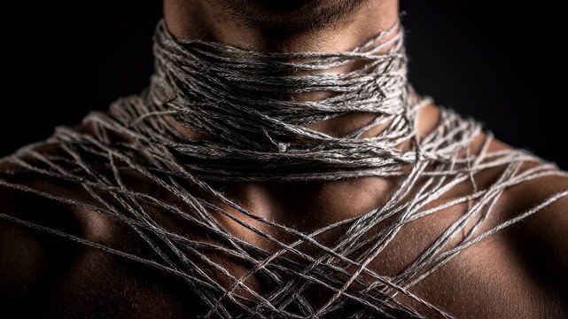 Concentrated medium shot of a persons chest with tangled strings wrapped tightly conveying tension and overwhelm with an obscured outoffocus backdrop.
