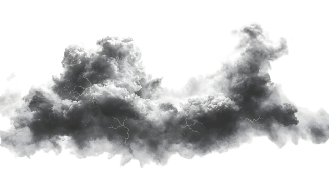 Black storm clouds with lightnings and smoke isolated on a transparent background