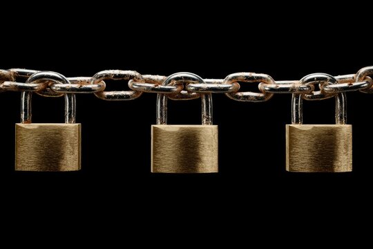 Rusty chain with padlocks on black background