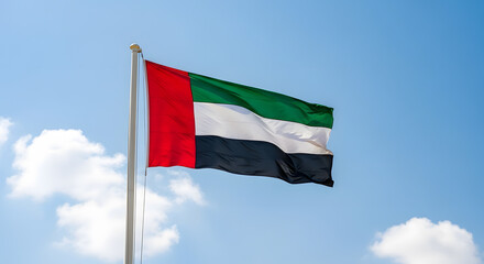 The united arab emirates flag waving in the wind against a blue sky