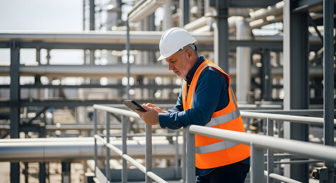 Experienced engineer reviewing data on tablet at industrial refinery plant, ensuring operational efficiency and safety compliance.