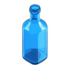 Isometric view of a vibrant blue glass bottle.  It's a  faceted, rectangular shape with a slightly wider neck