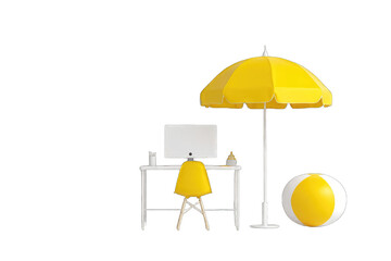 Yellow office desk under umbrella, beach ball