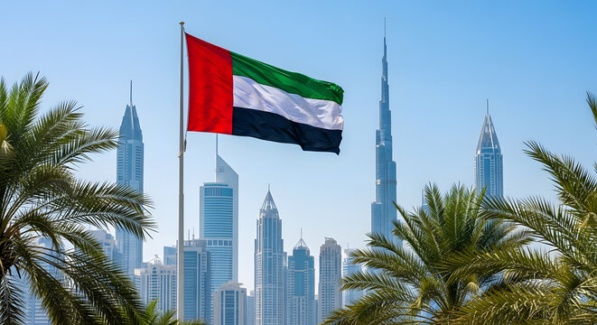 United arab emirates flag waving with dubai city skyline in the background