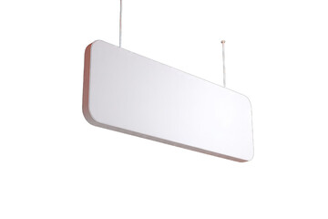 Blank white rectangular sign hanging from ceiling