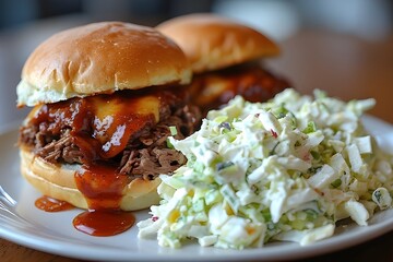 bbq beef sliders with mozzarella cheese and coleslaw on the side
