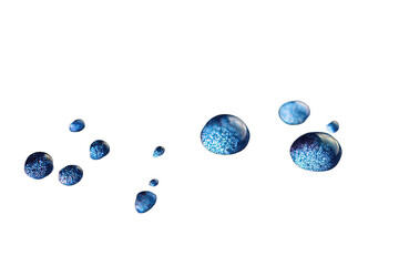 Abstract image of multiple, varying sized, blue, glistening drops or bubbles against a black background