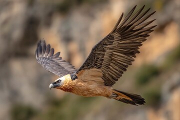 Obraz premium Bearded Vulture soars with outstretched wings against a blurred rocky backdrop