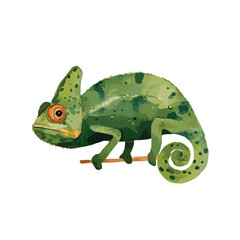 Watercolor Green Chameleon Perched on Branch Detailed Portrait