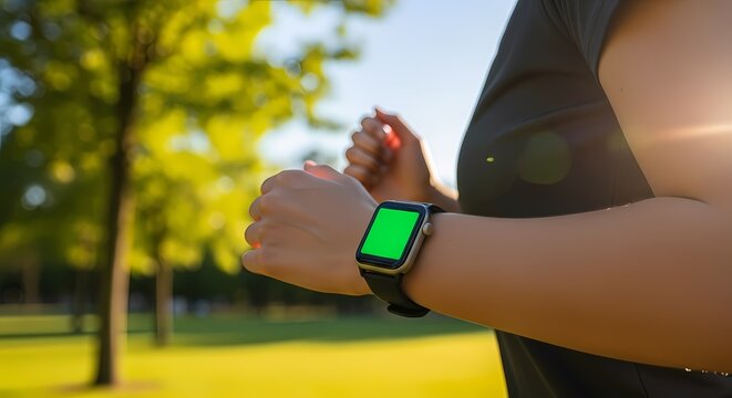 A woman jogging in a sunlit park checks her smartwatch with a blank green screen. - Powered by Adobe