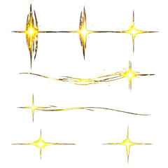 Gold starburst and light streaks graphic elements on black background