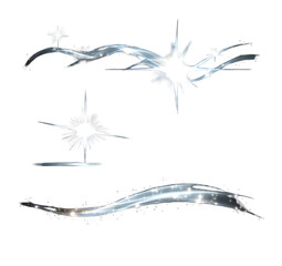 Abstract graphic design with three glowing light effects, stars, and streaks