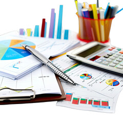 Business documents, charts, and tools.  Graphs, pie charts, and bar graphs are displayed on various papers; a pen, calculator, and clip folder are present. 