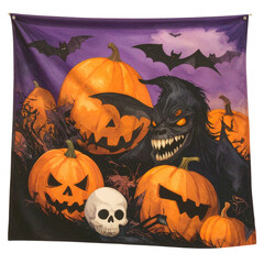 Spooky Halloween Flag with Pumpkins, Monsters, Bats, and Skulls PNG