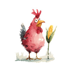 Fototapeta premium Watercolor Rooster with Corn Expressing Surprise and Curiosity in the Field