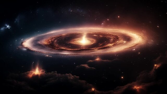 a stunning, swirling galactic structure, similar to an accretion disk, amidst the darkness of space. The center shines very brightly, emitting golden and orange light, surrounded by a ring of gas