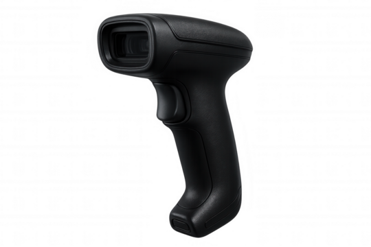 Black barcode scanner isolated on transparent background, ready for use in retail, warehouse, or logistics