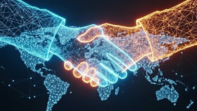 Global Business Partnership Agreement Handshake over World Map Digital Illustration